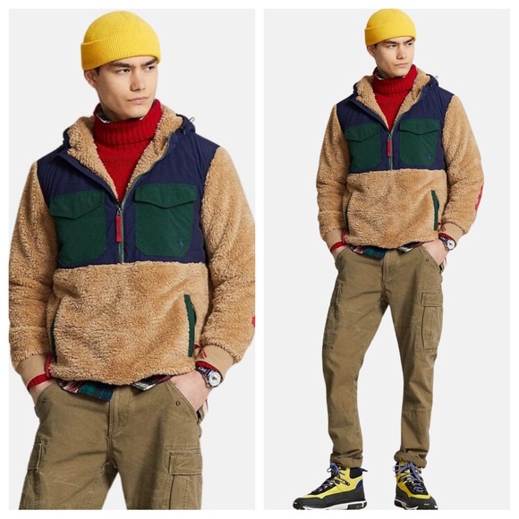 Polo Ralph Lauren Colorblock Pile Fleece Hybrid ½ Zip Pullover Jacket in Camel - Picture 3 of 12